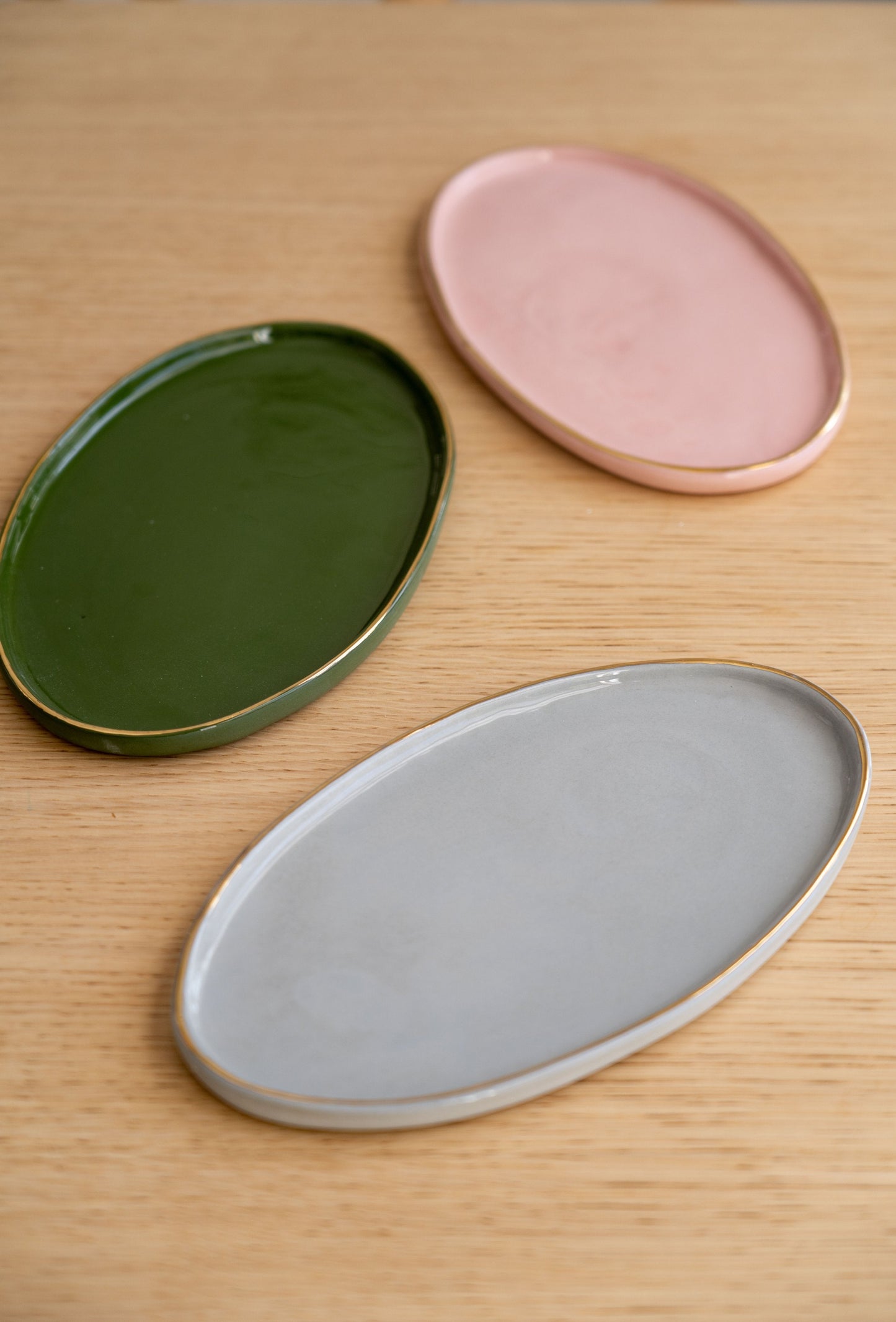 Handmade Oval Porcelain Serving Platter with Gold Rim. Powder Pink
